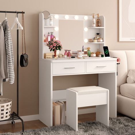 Coiffeuse avec Miroir LED et Tabouret, 10 Ampoules LED avec 3 Couleurs d'Éclairage, avec Prises Électriques, Ports USB et Type-C, 2 Tiroirs et 4 Étagères, 80L x 40P x 136H cm, Blanc (1/5)