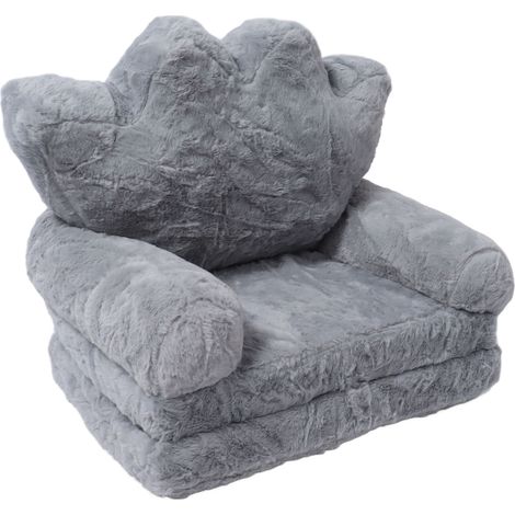 Coussin de siège couronne pliant, chaise fille princesse bébé enfants, petit canapé avec dossier poils de lapin gris 2 couches