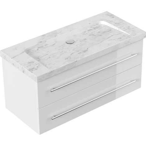 Badmöbel Marmor Carrara White Damo 100 cm ohne Hahnloch SoftClose weiß hochglanz (1/5)