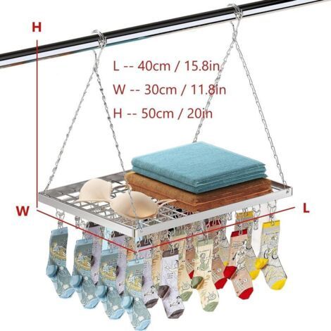 Un étendoir à linge avec un panier et 18 pinces en acier inoxydable, idéal pour sécher les chaussettes et les soutiens-gorge. (1/3)