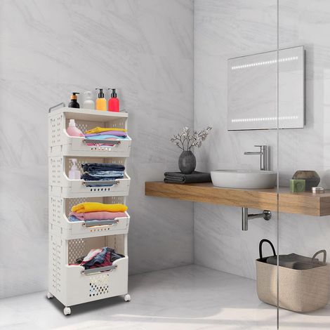 Wäschesammler 4 Fächer, Wäschekorb mit Rädern, Wäschewagen, Trolley zum Aufbewahren von Kleidung oder Gegenständen, Faltbarer Wäschekorb 41.6  29.7  110.4 cm