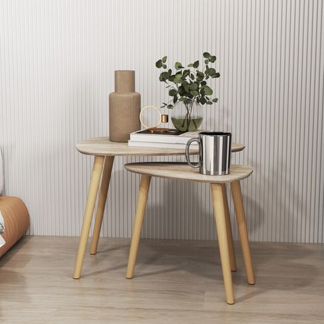 Lot de 2 tables basses gigognes design scandinave pieds en bois et plateau en bois, aspect naturel