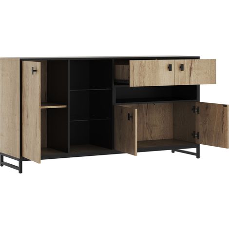 Armoire rangement moderne, 2 portes, étagère ouverte, tablettes verre, cloisons réglables, pour salon, salle à manger ou bureau (1/5)