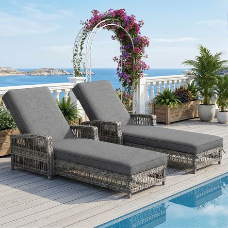 extérieur rotin lounger (2 sets), résistant aux intempéries bain de soleil avec réglable, format pratique (1/5)