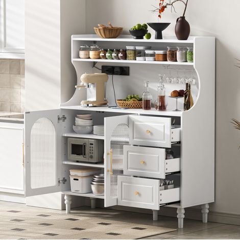 Credenza alta bianca con prese, cassetti e portarivestiti in vetro OKWISH (1/5)