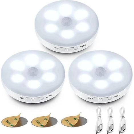 Luz nocturna LED automática, luz interior con sensor de movimiento, luz LED inalámbrica, 3 modos (automático/encendido/apagado), luz LED para armario, luz recargable por USB. (1/5)
