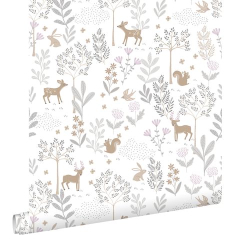 papier peint forêt avec des animaux de la forêt lilas violet et beige - ESTAhome