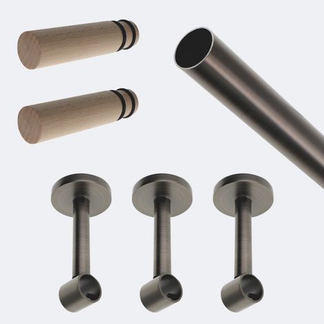 Kit de tringle à rideaux Carbone 250cm Diam.20mm Embout Cylindre Bois - Fixation Mur - Boulet (1/3)