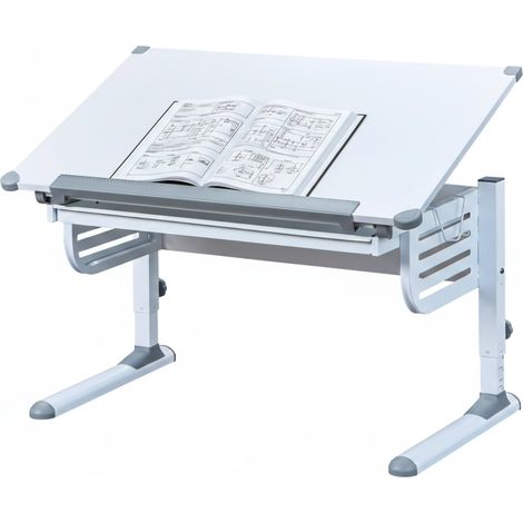 Dmora Höhenverstellbarer Schreibtisch mit kippbarer Ablage, in Weißmetall, 110x68x55-78 cm