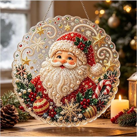 Pendentif Peinture Diamant Père Noël,Attrape-Soleil Acrylique Scintillant (1/5)