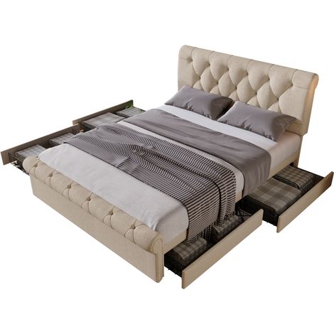(=131498AAN) Lit double rembourré 140x200 cm, cadre de lit avec 4 tiroirs et tête de lit réglable en hauteur, lit fonctionnel Chesterfield, naturel, avec matelas