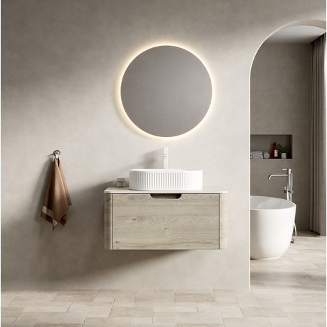 Meuble de salle de bain suspendu 80 cm avec vasque ovale blanche, plan travertin et tiroir (1/5)