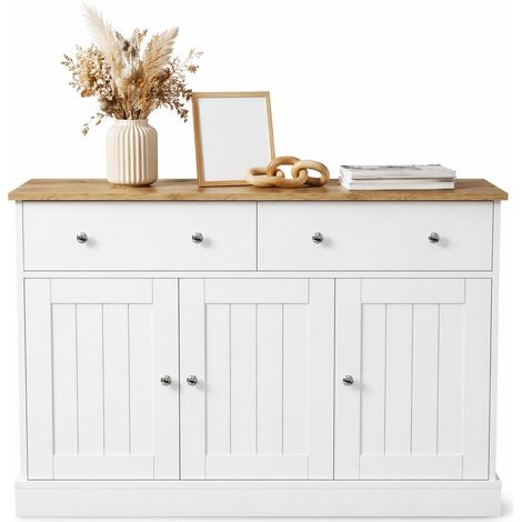 Buffet blanc effet bois avec 3 portes, 2 tiroirs, texture relief, poignées argentées et rangement pratique pour salon moderne, au design élégant – CHICFURN (1/5)