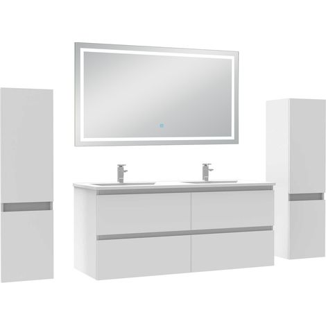 Acezanble Ensemble meubles Salle de Bain 120cm avec colonne et miroir lumineux 3 couleurs blanc