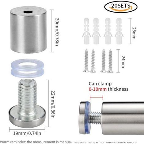 Entretoise Verre - 19x25mm - Acier Inoxydable - Pour Plaques Et Presentoirs - Lot De 20 (1/5)