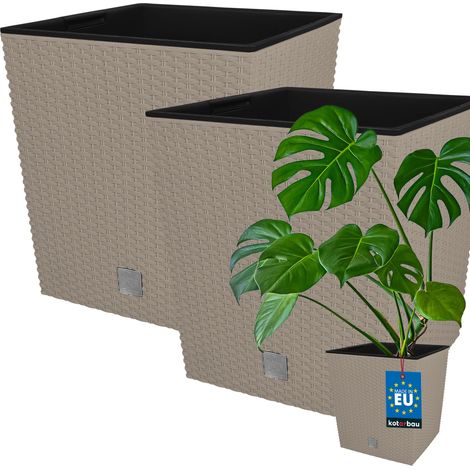 KOTARBAU® Kotarbau® Pot de Fleur Exterieur 40 x 40 cm - avec Insert Intérieur Lot de 2 - Pot Plastique Plante 64 L - Pot de Fleur Carré - Aspect Rotin - Moka (1/5)