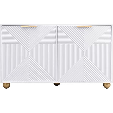Buffet en MDF avec 4 portes sculptées, étagères réglables et poignées métalliques dorées, blanc (1/5)
