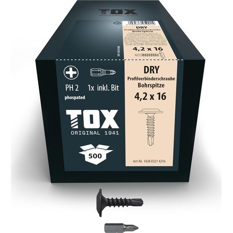 Vis à profiler DRY PV BS 4,2 x 16 mm, vis phosphatées noires, tête plate, pointe de perçage + filetage fin, pour l'assemblage de profilés CW, PH2, 500 pièces, y compris 1x embout (1/5)