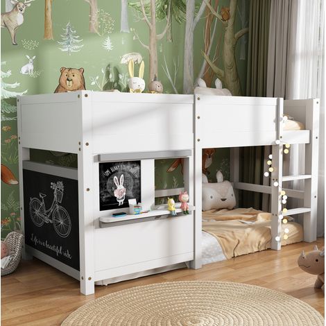 Cama infantil alta 90x200 cm con pizarra y estante, blanca HAVRYA (1/5)