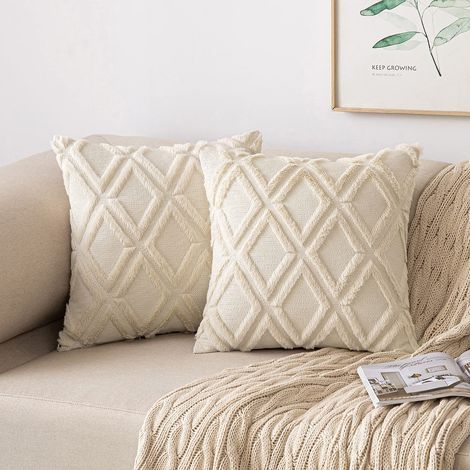 Lot de 2 housses de coussin, housses de coussin en laine, coussins en fourrure velours, coussins décoratifs bohème, 45 x 45 cm, beige (1/5)
