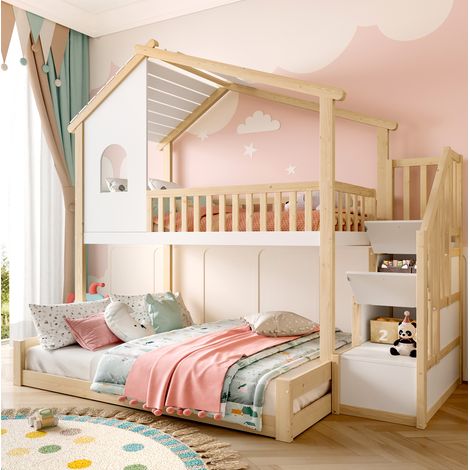 Lit superposé cabane 90x200 + 140x200 pin OKMYHOME (1/5)