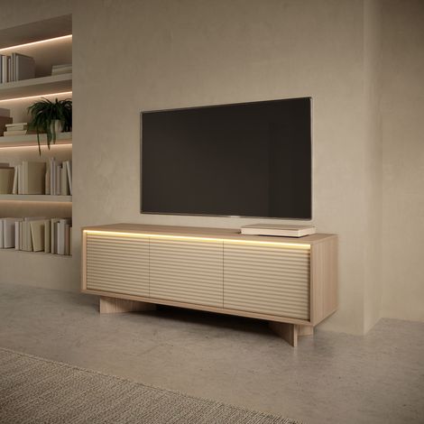TV-Schrank Kamele, ein Regal, 3 Türen, geriffelte Türen mit LED, 154x40x54h cm Eiche Braun (1/5)
