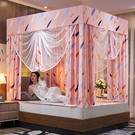 Rideau de lit à baldaquin avec moustiquaire en forme de U, anti-lumière, fermeture éclair 3 portes, support en acier inoxydable, saison colorée 2,0x2,2m (1/5)