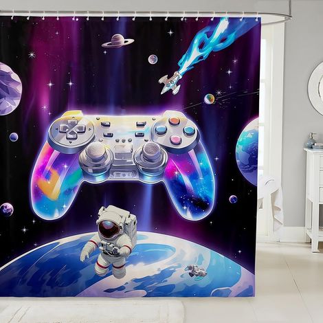 Console de Jeux Garçons Douche Rideau de Baignoire 180x180cm,Console de Jeux Rideau de Bain Astronaute Galactique Rideau de Douche,Space Planet Console de Jeux Garçons Salle de Bains Décoration - 180L (1/5)