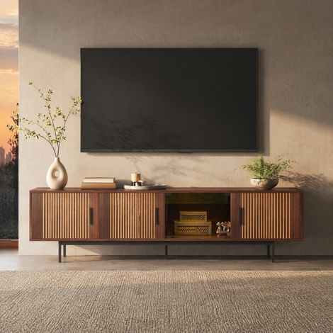 MEUBLIV Mueble TV 200 cm marrón/negro – LED, puerta de vidrio templado y almacenaje (1/5)