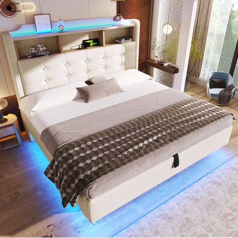 Lit coffre 140x200 cm en tissu beige, avec rangement pour chambre FloraGrace (1/5)