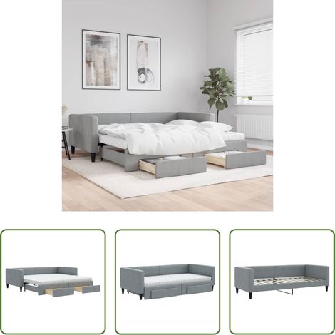 vidaXL Sofa mit Bettfunktion -  Tagesbett Ausziehbar mit Schubladen Hellgrau 100x200 cm Stoff