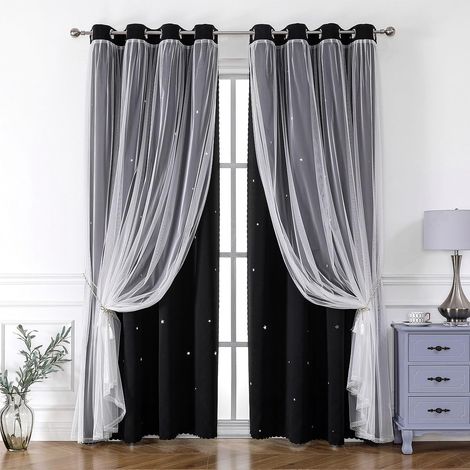 Tende a stella per camera da letto, 2 pannelli, tende oscuranti 2 in 1 con occhielli trasparenti per finestra del soggiorno, cameretta dei bambini, soggiorno, oscuranti alti, 132x160 cm, nero