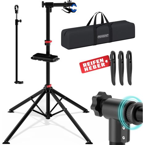 MONZANA® Fahrradmontageständer Profi 30kg Tragetasche Reifenheber Werkzeugablage Stahl klappbar Reparaturständer