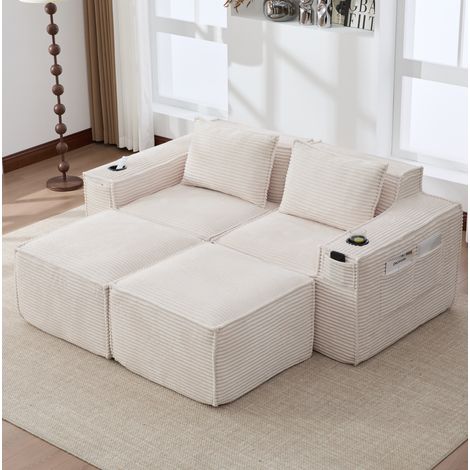 Divano modulare 2 posti in velluto a coste, 2 pouf, portabicchieri, beige (1/5)