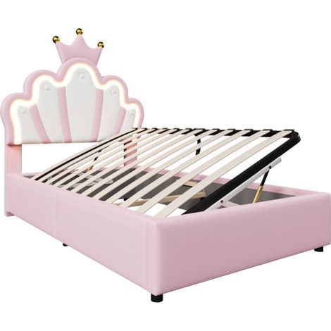 Flaches Doppelbett, kronenförmiges Prinzessinnenbett, weiche Polsterung aus PU-Leder, verstellbarer LED-Umgebungslichtstreifen (1/5)