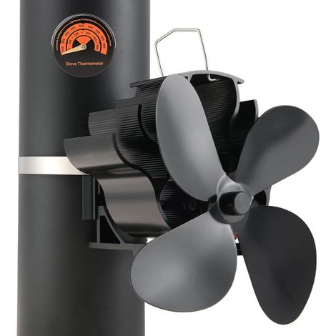Stove Fan with Thermometer 4-Blade Wood Burner Stove Fan Quiet Design, Log Burner Fan Eco-Friendly Heat Powered Fan for Wood Burning Stove Log Burner Fireplace (1/5)