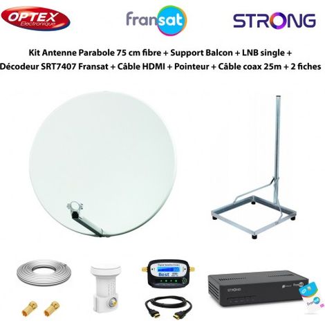 Kit Parabole 75cm fibre + Support Balcon + LNB Single + Décodeur SRT7407 Fransat + Câble HDMI + Pointeur + Câble Coax 25m + 2 fiches (1/5)