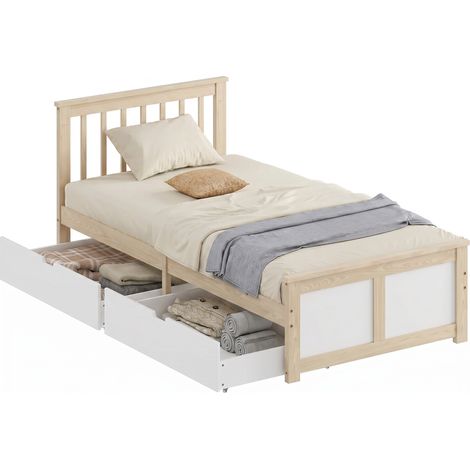 HOMCOM Storage Bed with 2 Drawers, Headboard, Wood Slat Support, Natural (1/5)