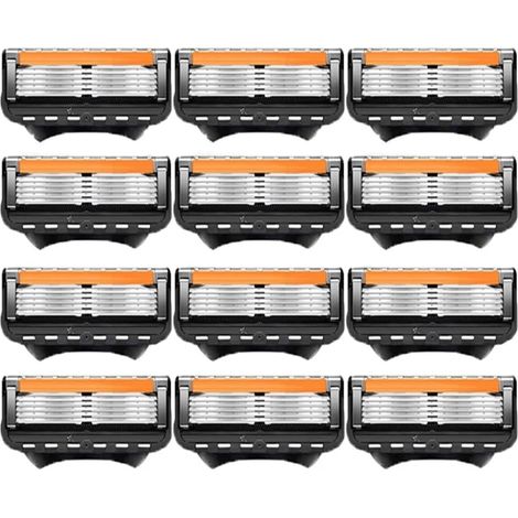 rasoir electriques hommes-Rasoir Manuel Homme à 5 Lames - Compatible Multimodèles, Ergonomique et Précise - Support Inclus (12 Lames, Noir & Orange)