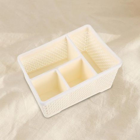 Quatre boîtes de rangement pour produits cosmétiques en plastique beige, comprenant une boîte de soin et un porte-pinceaux de maquillage, pour salles de bains (1/4)