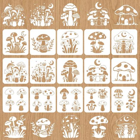 Lot de 15 pochoirs muraux en forme de champignon, 20 x 20 cm, réutilisables, découpés au laser, motifs lune et plantes en PET pour bricolage, meubles en bois, chambre à coucher, décoration (1/5)