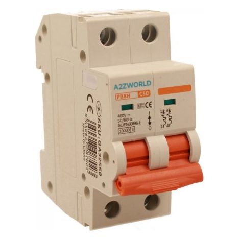 MCB Interruttore Magnetotermico Automatico Curva C 2P 2M 10000A C50A AC 400V IP20 IEC60898-1 PB8H