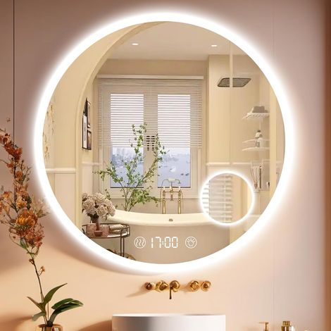 Miroir Rond LED, Miroir de Salle de Bain, avec éclairage, 70 x 70 cm, avec Interrupteur Heure et Tactile, à intensité Variable, Blanc Chaud/Blanc Froid/Neutre, Anti-buée (1/5)