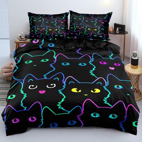 Parure de lit pour enfant 135 × 200 cm + taie d'oreiller avec fermeture éclair 80 × 80 cm - Motif chat noir mignon - Respirant - Housse de couette en microfibre douce (1/5)