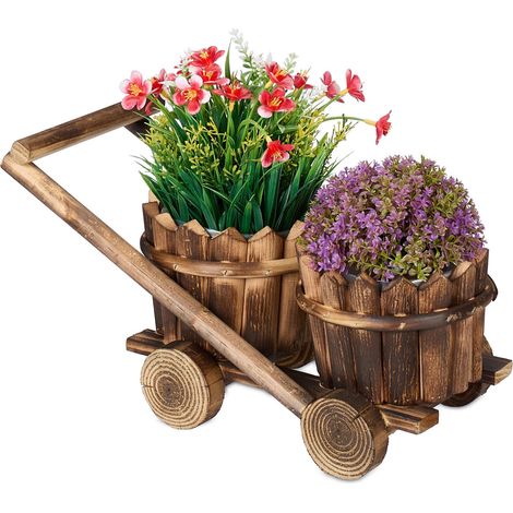 Chariot décoratif avec 2 Pots de Fleurs, à Planter Directement, HxLxP: 19x17,5x37 cm, jardinière Bois, Marron (1/5)