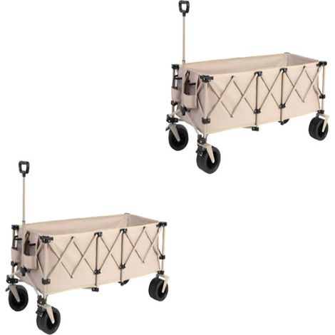 2er-Set foldable Extended Wagon with 220lbs Weight Capacity, Heavy Duty 300L Folding Utility Garden Cart with Big All-Terrain Beach Wheels & Drink Holders. Beige