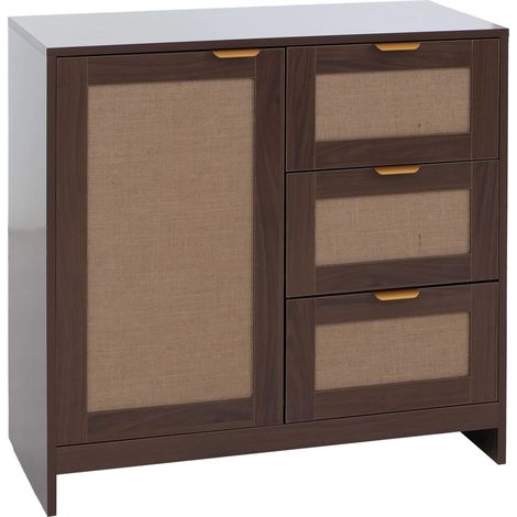Commode avec 3 tiroirs et 2 compartiments façade effet lin 80 x 80 x 40 cm MDF mélaminé aspect noyer poignées dorées 040008720