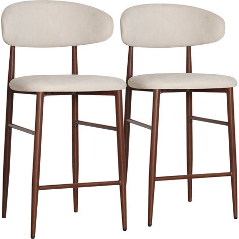 Happy Garden – Lot de 2 tabourets de bar beige – Structure acier effet bois foncé – Assise rembourrée en mousse – Hauteur 97cm (1/5)
