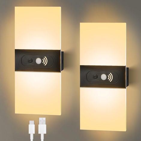 Lot de 2 appliques murales d'intérieur avec détecteur de mouvement, rechargeables par USB, avec interrupteur, sans prise électrique, batterie 1200 mAh, pour couloir, escaliers, éclairage mural (1/5)