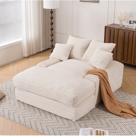 Chaise longue de terciopelo acanalado beige 165 x 135 x 58 cm, sin montaje, 4 cojines, REDOM (1/5)